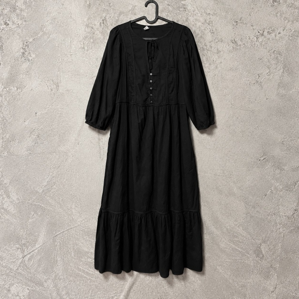 Black Cotton Embroidered Tiered Maxi Dress Puff Sleeve Boho Peasant M